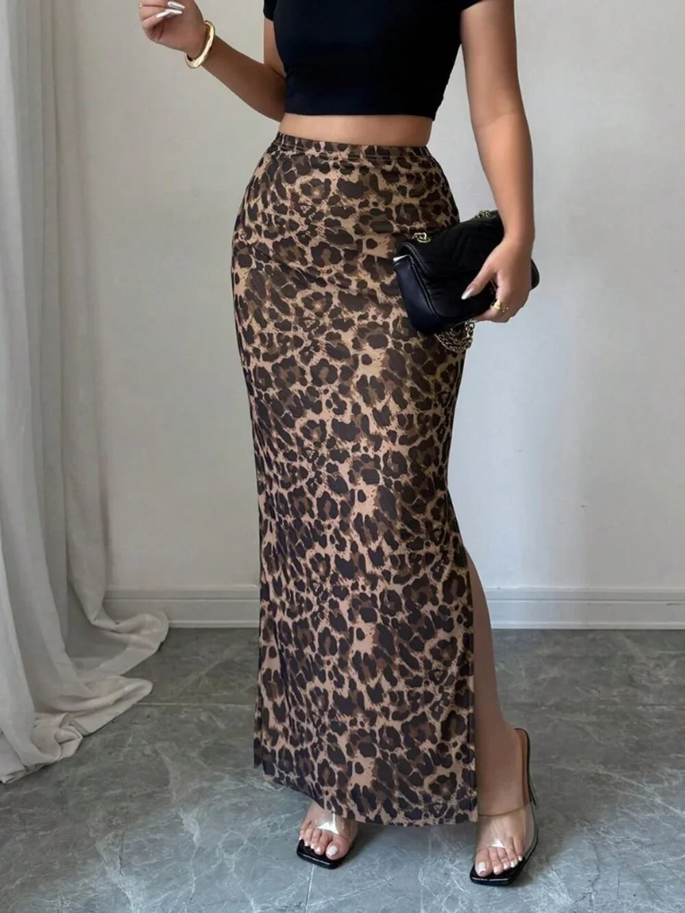 Brown Elegant Women's Leopard Print Maxi Skirt With Slit